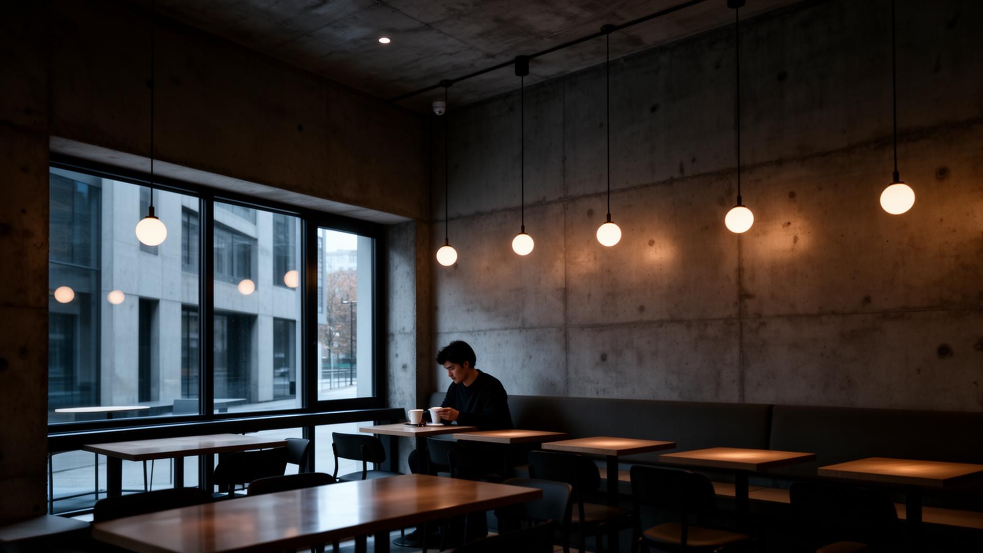 Cafeteria sofisticada com paredes de concreto