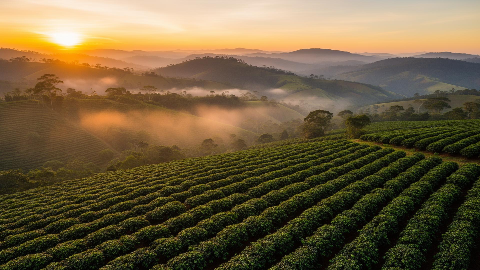Vista aérea de fazenda de café ao amanhecer